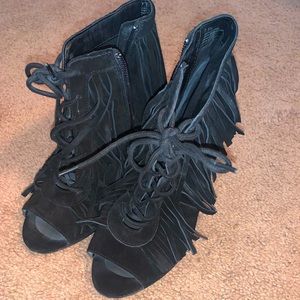 Fringe peep toe heels